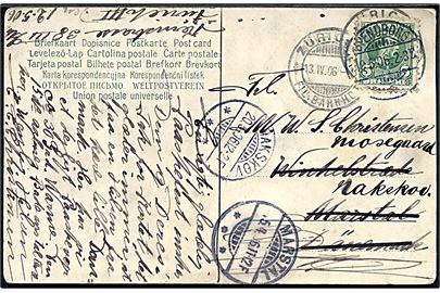 Brevkort fra Zürich d. 13.4.1906 til Marstal, Danmark. Opfrankeret med 5 øre Chr. IX annulleret Svendborg d. 19.5.1906 og eftersendt til Nakskov.