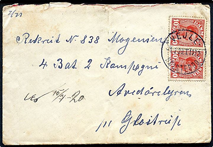 10 øre Chr. X (2) på brev annulleret med bureaustempel Vejle - Holstebro sn3 T.1182 d. 1.7.1920 til soldat i Avedørelejren pr. Glostrup.
