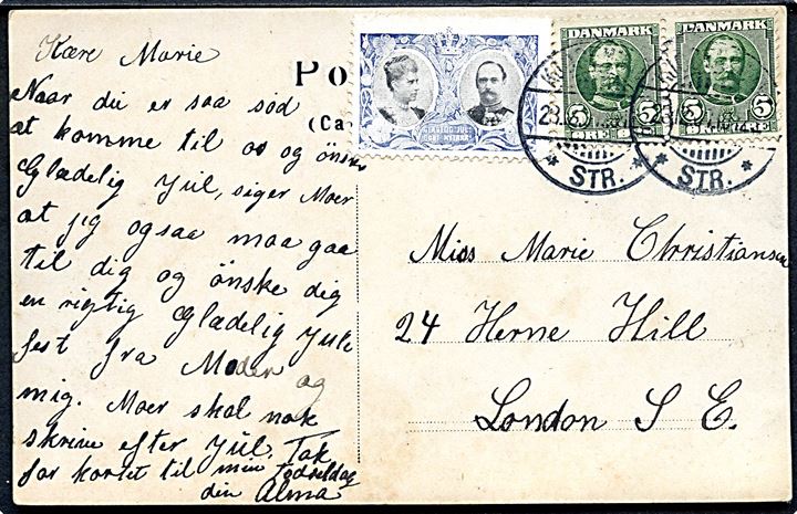 5 øre Fr. VIII i parstykke og Julemærke 1907 på brevkort fra Kjøbenhavn d. 23.12.1907 til London, England. 