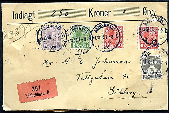 3 øre Bølgelinie, 5 øre, 10 øre (2) og 15 øre Chr. X på 43 øre frankeret værdibrev fra Kjøbenhavn d. 4.10.1916 til Göteborg, Sverige.