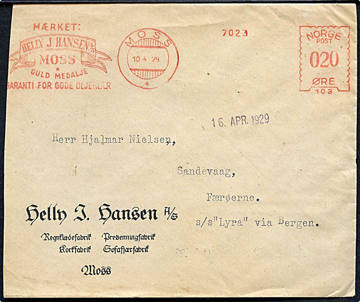 Norsk 20 øre firmafranko frankeret kuvert fra Moss d. 10.4.1929 til Sandevaag, Færøerne. Påskrevet: S/S Lyra via Bergen