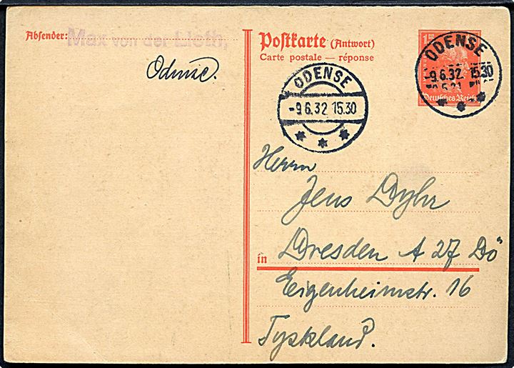 Tysk 15 pfg. Kant svardel af dobbelt helsagsbrevkort annulleret med dansk brotype IIId Odense d. 9.6.1932 til Dresden, Tyskland.