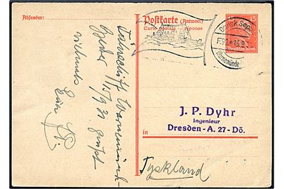 Tysk 15 pfg. Kant svardel af dobbelt helsagsbrevkort annulleret med skibsstempel Dansk Søpost Warnemünde - Gedser F.92 d. 15.9.1931 til Dresden, Tyskland.