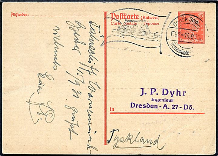 Tysk 15 pfg. Kant svardel af dobbelt helsagsbrevkort annulleret med skibsstempel Dansk Søpost Warnemünde - Gedser F.92 d. 15.9.1931 til Dresden, Tyskland.
