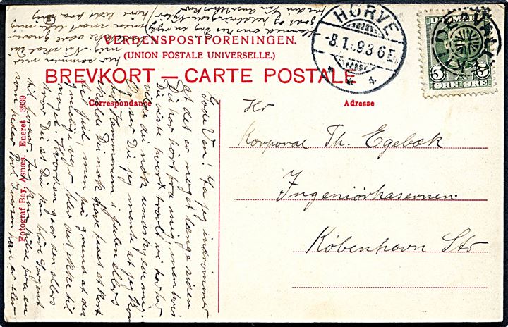 5 øre Fr. VIII på brevkort (Willemoes Monumentet på Oddens Kirkegaard) annulleret med stjernestempel VALLEKILDE og sidestemplet Hørve d. 8.1.1909 til København.