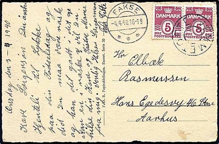 5 øre Bølgelinie i parstykke på brevkort annulleret med udslebet stjernestempel VEMMETOFTE og sidestemplet Fakse d. 4.4.1940 til Aarhus.
