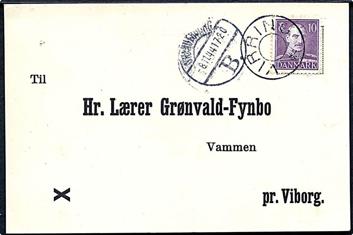 10 øre Chr. X på tryksagskort annulleret med udslebet stjernestempel VIRRING og sidestemplet Skanderborg B. d. 8.11.1944 til Vammen pr. Viborg.