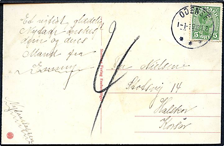 5 øre Chr. X på underfrankeret brevkort fra Odense d. 1.1.1919 til Halskov pr. Korsør. Udtakseret i 4 øre porto.
