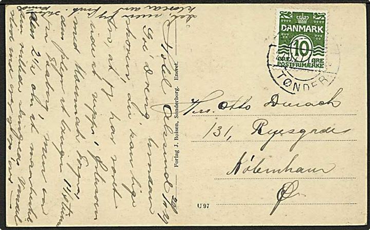 10 øre Bølgelinie på brevkort fra Sønderborg annulleret med bureaustempel Sønderborg - Tønder ** T.1420 d. 22.11.1927 til København.