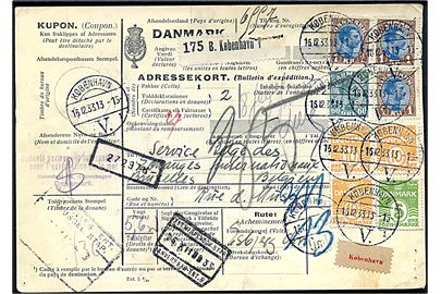 5 øre bogtryk, 10 øre stålstik (3) Bølgelinie, 60 øre og 1 kr. (3) Chr. X på 395 øre frankeret internationalt adressekort for pakke fra København d. 15.12.1933 til Bruxelles, Belgien.