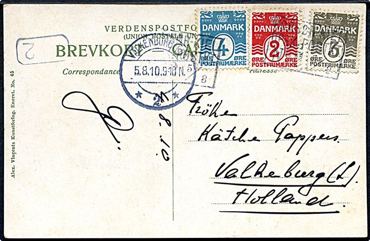 2 øre, 3 øre og 4 øre Bølgelinie på brevkort sendt som tryksag og annulleret med skibsstempel Korsør - Kiel DPSK:POST KT: no. 2 d. 5.8.1910 til Valkenburg, Holland.