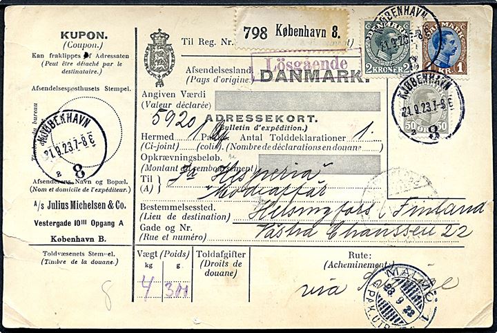 50 øre, 1 kr. og 2 kr. Chr. X på 350 øre frankeret internationalt adressekort for pakke fra Kjøbenhavn 8 (Frihavnen) d. 21.9.1923 via Malmö til Helsingfors, Finland. Rammestempel Lösgående.
