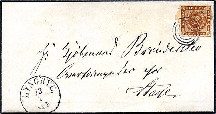4 sk. stukken stukken (plade VII no. 71) på brev med noteret Frimærke eller Frank. under mærket annulleret med svagt nr. stempel og sidestemplet antiqua Lyngbye. d. 12.7.1863 til Stege.