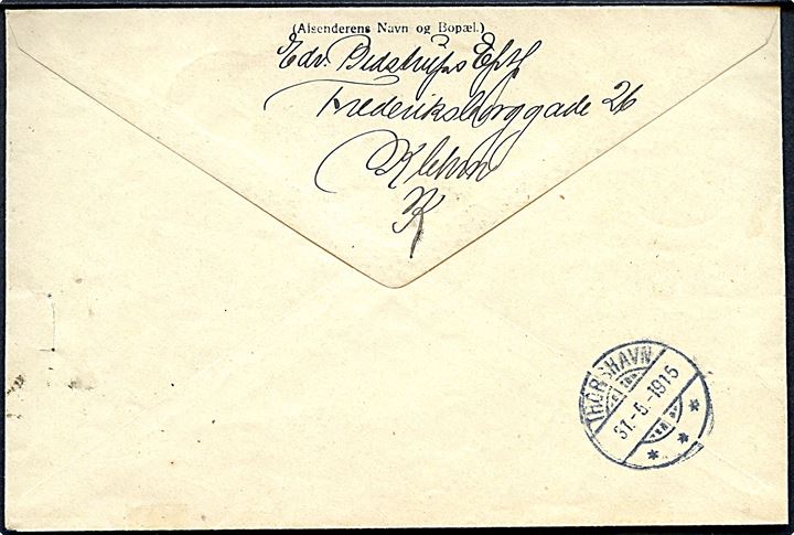 15 øre og 25 øre Chr. X på adressebrev for pakke med postopkrævning fra Kjøbenhavn d. 21.5.1915 via Kjøbenhavn B. og Thorshavn d. 31.5.1915 til Sandø, Færøerne.