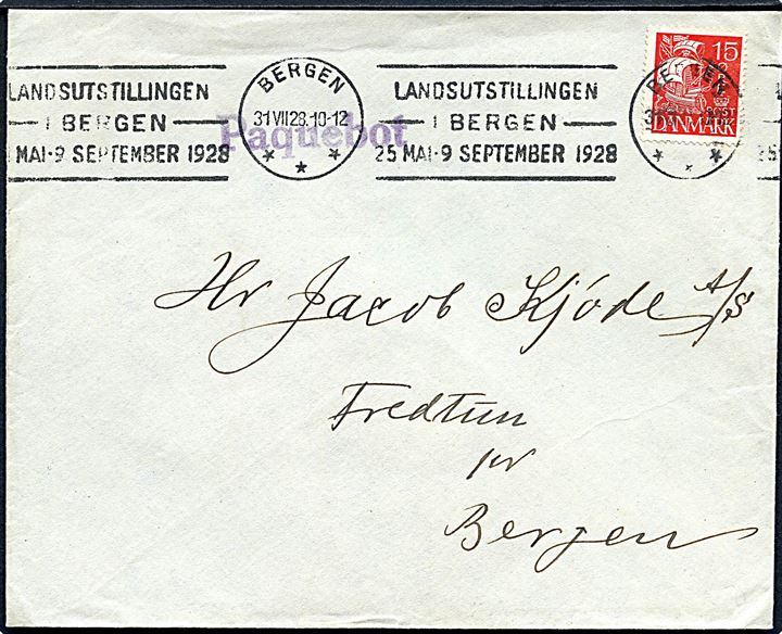 15 øre Karavel på skibsbrev fra Fuglefjord annulleret med norsk maskinstempel i Bergen d. 31.7.1928 og sidestemplet Paquebot til Fredtun pr. Bergen, Norge.