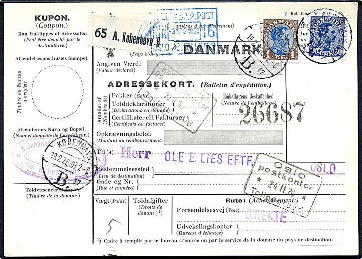 30 øre og 1 kr. Chr. X med perfin SJ (Firma S. Johannesons Fabrikker A/S) på internationalt adressekort for pakke fra København d. 19.2.1926 til Oslo, Norge.