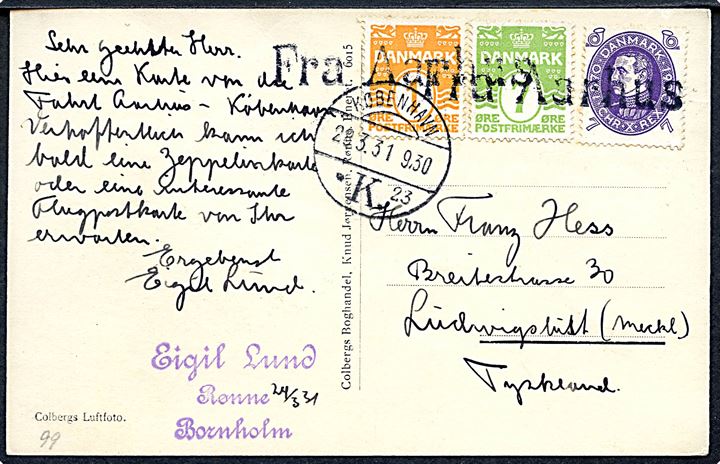 1 øre, 7 øre Bølgelinie og 7 øre Chr. X 60 år på brevkort (Luftfoto af Rønne Havn) annulleret med skibsstempel Fra Aarhus og sidestemplet København d. 28.3.1931 til Ludwigslust, Tyskland.