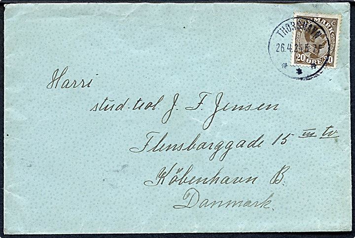 20 øre Chr. X på brev annulleret med brotype IIIb Thorshavn d. 26.4.1924 til København.
