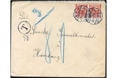 10 øre Chr. IX (2) på underfrankeret 3. vægtkl. brev fra Aarhus d. 31.7.1905 til Danske Generalkonsulat i Hamburg, Tyskland. Udtakseret i 80 pfg. tysk porto.