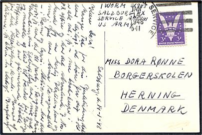 Amerikansk 3 cents på brevkort fra Salzburg, Østrig annulleret med feltpost stempel Army Postal Service APO 541 d. 14.1.1948 til Herning, Danmark. Sendt fra dansk kvinde Ingeborg Worm.