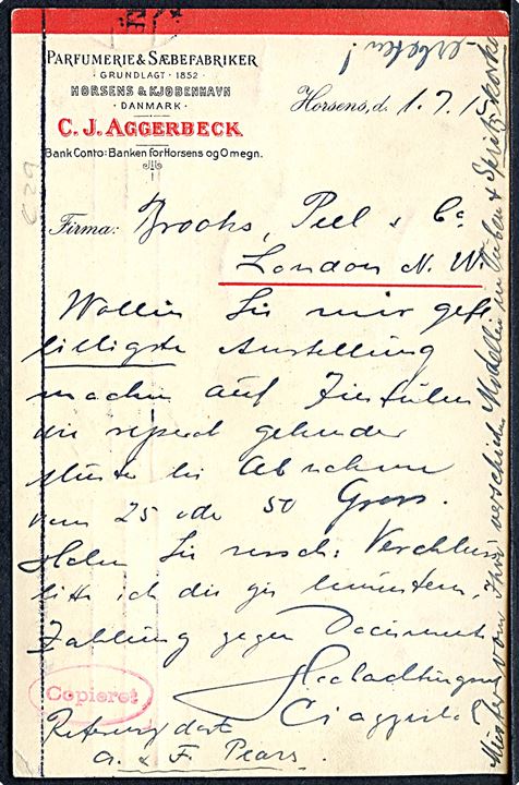 5 øre Chr. X i parstykke med perfin C.J.A. på brevkort fra firma C. J. Aggerbeck i Horsens d. 1.7.1915 til London, England.