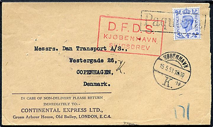 Engelsk 4d George VI på skibsbrev fra London annulleret Paquebot og sidestemplet København d. 15.5.1951 og rødt rammestempel D.F.D.S. Skibsbrev Kjøbenhavn til København.