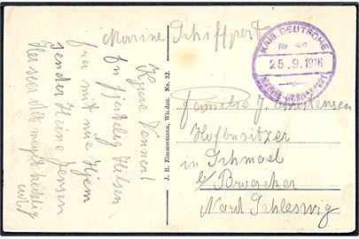 Ufrankeret marinefeltpost brevkort fra Windau stemplet Kais. Deutsche Marine-Schiffspost No. 367 (= Torpedoboot V181) d. 25.9.1916 til Broager. Skrevet på dansk af sønderjyde.
