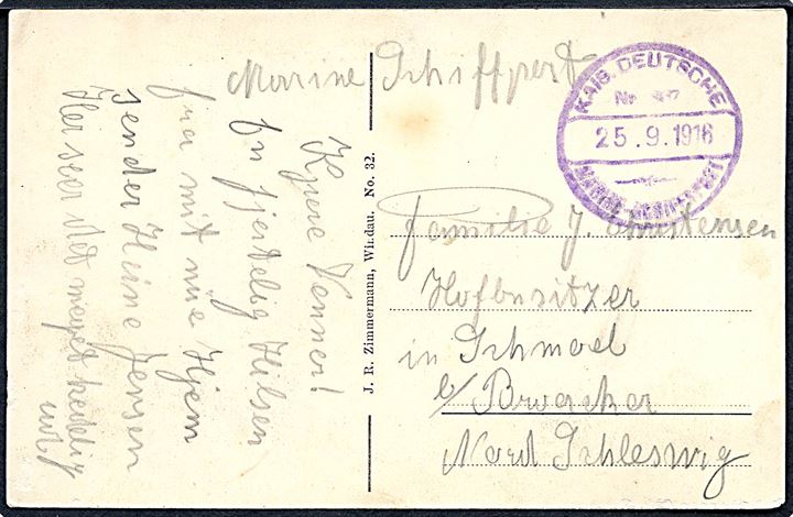 Ufrankeret marinefeltpost brevkort fra Windau stemplet Kais. Deutsche Marine-Schiffspost No. 367 (= Torpedoboot V181) d. 25.9.1916 til Broager. Skrevet på dansk af sønderjyde.