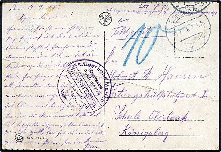 Ufrankeret feltpostkort fra Brugge, Belgien stemplet D. Feldpost d. 19.7.1918 til Königsberg. Briefstempel: Kaiserlische Marine Deutsche Feldpost 825 / Marine Küstenflieger Flandern. Fold.