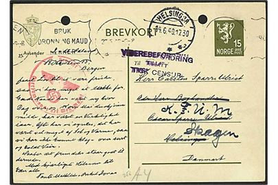 15 øre Løve helsagsbrevkort fra Bergen d. 28.5.1940 til Helsingør, Danmark - eftersendt til Skagen. Violet norsk censur: Viderebefordring tillatt tysk censur. 2 arkiv huller.