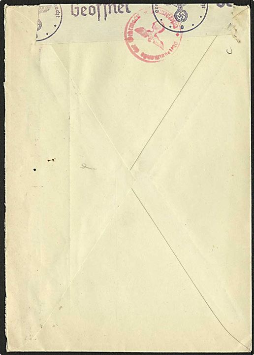 20 øre Løve på brev fra Oslo d. 31.1.1942 til København, Danmark. Åbnet af tysk censur i Oslo.