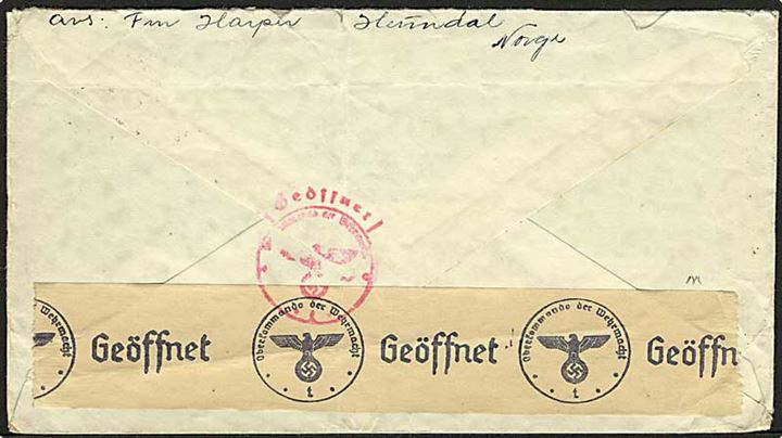 20 øre Løve på brev fra Heimdal d. 19.4.1943 til Sundbyberg, Sverige. Åbnet af tysk censur i Trondhjem med fortrykt t banderole og hat-stempel: Geöffnet / Oberkommando der Wehrmacht * t *