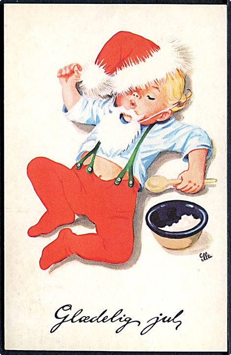 Illa Winkelhorn: Glædelig Jul. Nisse sover efter at have spist risengrød. No. 519 / 48. (Afrevet mærke). 