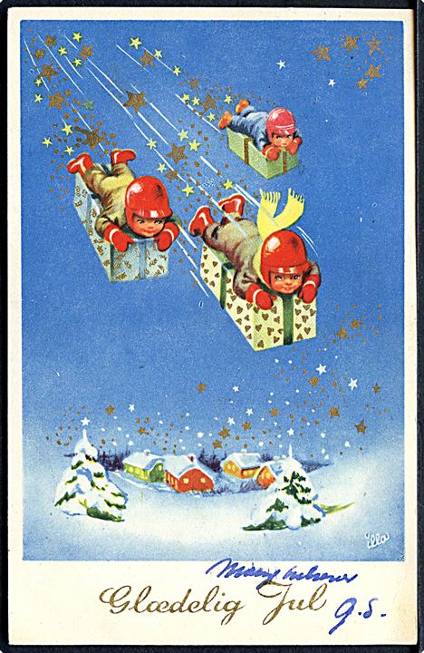 Illa Winkelhorn: Glædelig Jul. Pakker med børn kommer flyvende. Stenders no. serie no. 850. 