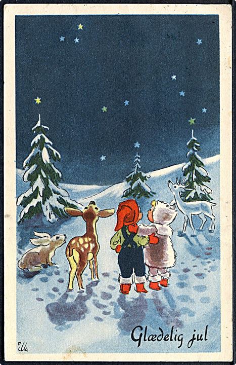 Illa Winkelhorn: Glædelig Jul. Børn og dyr kigger på stjernerne. F. D. B. serie 1202. 