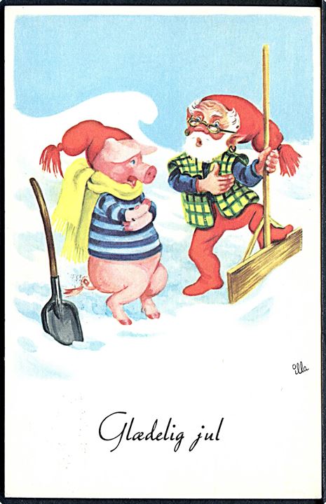 Illa Winkelhorn: Glædelig Jul. Nisse og gris skovler sne. 151 Doo 270. 