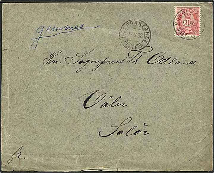 10 øre Posthorn på brev annulleret med bureaustempel Nordbanernes Postexp. d. 12.5.1888 til Solör