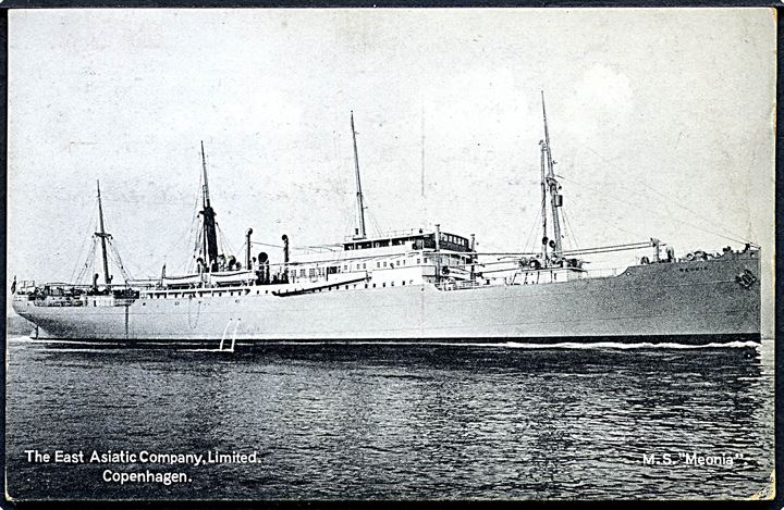 Meonia, M/S, Østasiatisk Kompagni. Stenders no. 65998. Skrevet i Middelhavet og stemplet i England 1933.