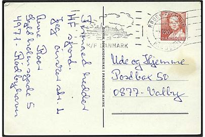 3,20 kr. Margrethe på brevkort annulleret med skibs-håndrullestempel Rødby - Fehmern Paquebot / M/F Danmark d. 4.10.1989 til Valby.