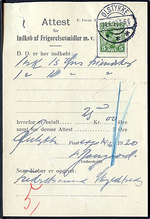 5 øre Chr. X på Attest for Indkøb af Frigørelsesmidler m.v. annulleret med brotype IIb Ølstykke d. 14.6.1920.