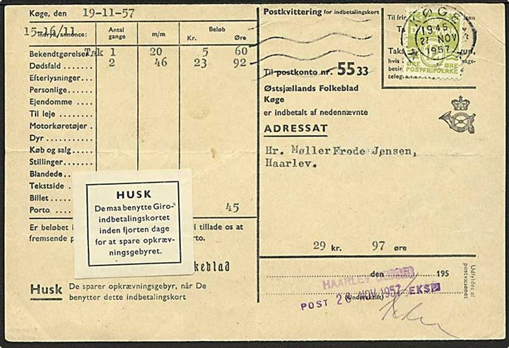 12 øre Bølgelinie på Indbetalingskort fra Køge d. 27.11.1957 til Haarlev. Påsat vignet vedr. Giro. Kvitteret med kontorstempel HAARLEV (KØGE) / Post 28 NOV 1957 EKSP.