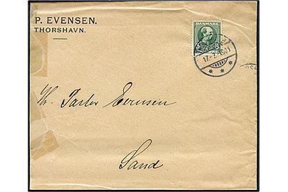 5 øre Chr. IX på brev annulleret med brotype Ig Thorshavn d. 17.7.1906 til Sand. Tape i venstre side.
