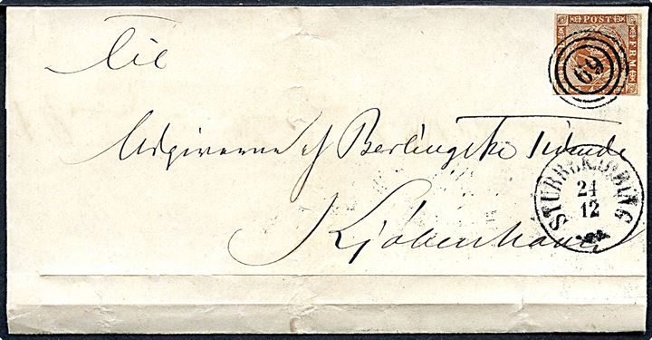 4 sk. 1858 udg. på brev annulleret med nr.stempel 69 og sidestemplet antiqua Stubbekjøbing d. 24.12.1862 til Kjøbenhavn.