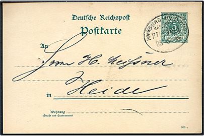 5 pfg. helsagsbrevkort annulleret med bureaustempel Hamburg - Hvidding Bahnpost Zug 1014 d. 25.10.1890 til Heide.