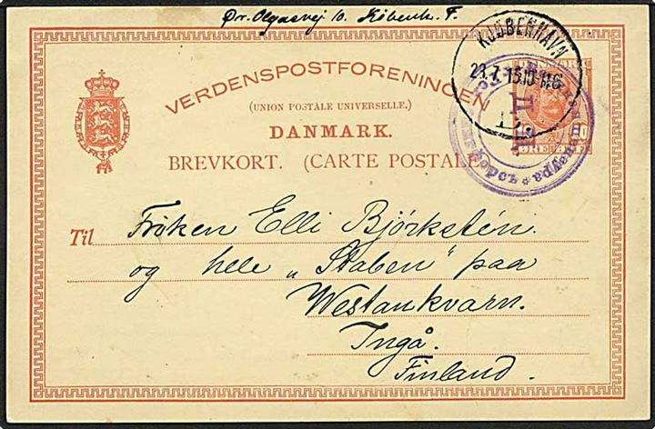 10 øre Fr. VIII helsagsbrevkort fra Kjøbenhavn d. 28.7.1915 til Ingå, Finland. Russisk censur fra Helsingfors.