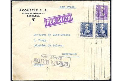 20 cts. og 1 pta. (2) Isabella på luftpostbrev fra Barcelona d. x.4.1938 til Stockholm, Sverige. Lokal spansk censur fra Barcelona.