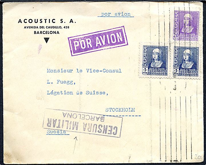 20 cts. og 1 pta. (2) Isabella på luftpostbrev fra Barcelona d. x.4.1938 til Stockholm, Sverige. Lokal spansk censur fra Barcelona.