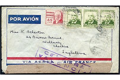 45 cts. og 60 cts. (3) på luftpostbrev med svagt stempel d. 5.7.1938 til Wallasly, England. Åbnet af lokal spansk censur i Valencia. 