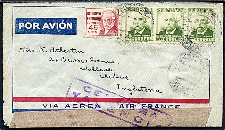 45 cts. og 60 cts. (3) på luftpostbrev med svagt stempel d. 5.7.1938 til Wallasly, England. Åbnet af lokal spansk censur i Valencia. 