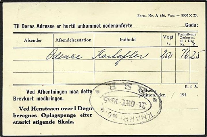 7 øre helsagsbrevkort (fabr. 154) med tiltryk De danske Statsbaner sendt lokalt i Knarreborg d. 31.10.1945. På bagsiden privat jernbanestempel Knarreborg * D.S.B. *